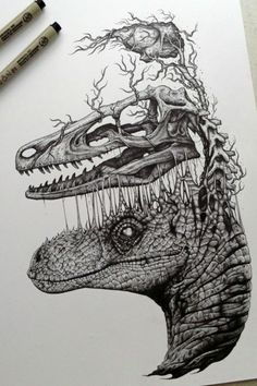 a drawing of a dinosaur head with trees growing out of it's back end