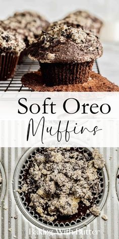 three muffins sitting on top of a cooling rack with the words soft oreo muffins above them