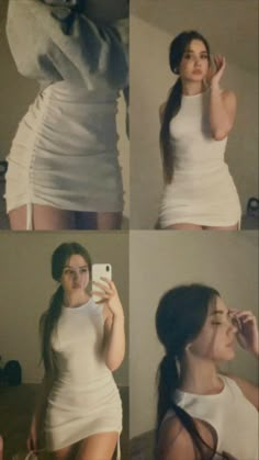 four different pictures of a woman taking a selfie with her cell phone and wearing a white dress