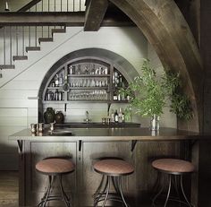 a bar with three stools in front of it