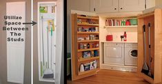 the inside of a small kitchen with an open door and shelves full of various items