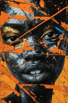 an abstract painting of a woman's face with orange and black paint splattered on it