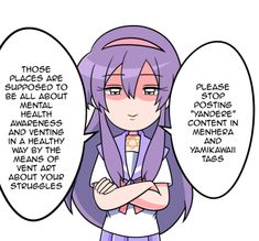 an anime character with purple hair and two speech bubbles that say, those places are supposed to