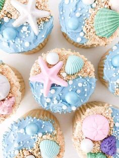 cupcakes decorated with blue frosting and sea shells