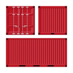 three red shipping containers with dividers on the sides and bottom, side by side