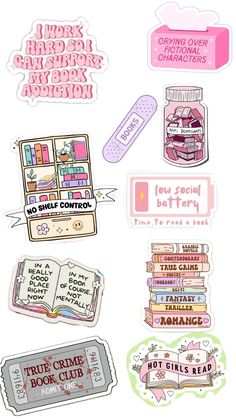 various stickers that include books and other things in pink, green, white and blue