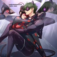 two anime characters hugging each other in front of an abstract background