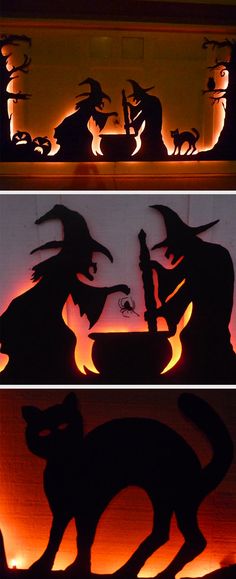 three silhouettes of witches and cats in front of a fireplace