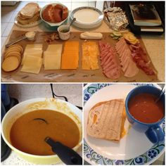 there are many different types of food on the table and one is soup, cheeses, bread