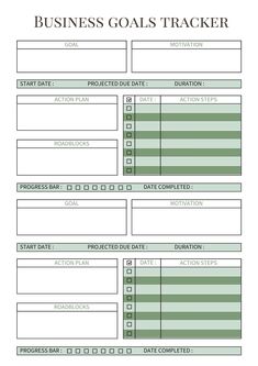 a business goal tracker is shown in the form of a blank sheet with lines on it