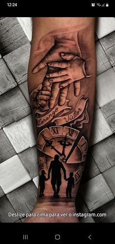 a man's arm with a clock and two hands holding the hand of another person