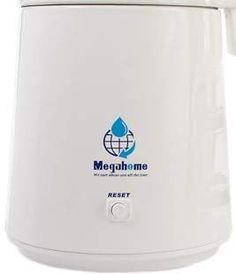 a white electric water heater with the word mequhome on it's side