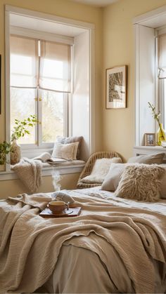 Cozy bedroom with soft beige tones, a steaming cup of tea on the bed, and natural light streaming through large windows. Bedroom Wall Decoration, Wall Decoration Ideas, Warm Bedroom, Earthy Hues