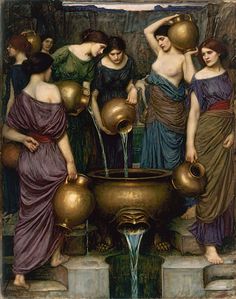 a painting of women drinking water from a fountain