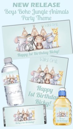 a bottle of baby shower gel next to an empty bottle with the words happy 1st birthday on it