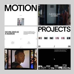 four different pages with black and white images on them, including the words'motion projects '