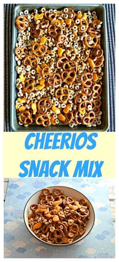 cheetos snack mix in a baking pan and on a plate with the words cheetos snack mix