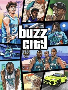 the cover art for buzz city, featuring basketball players and sports teams in different colors