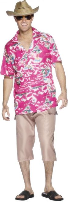 a man in a pink shirt and hat is standing with his hands on his hips