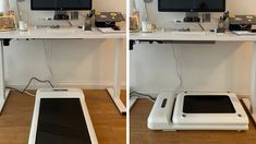 two pictures of a computer desk with a laptop and monitor on it, both showing the same side by side