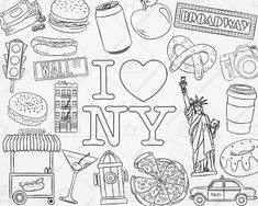 the word i love new york is surrounded by doodles and images from different countries