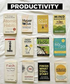 there are many different books on the bed with text overlay that reads productivity