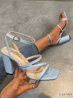 Lasaky - Chunky Heeled Peep Toe Sandals Sandals Preppy, Baby Blue Heels, Elegant Chunky Heels, Blue Preppy, Summer High Heels, High Heeled Sandals, Elegant High Heels, Elegant Heels, Prom Heels