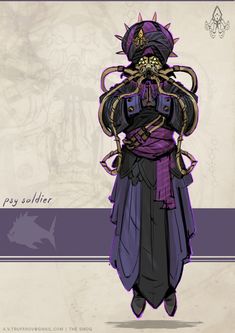 the character is dressed in purple and black