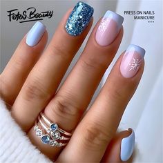 Buy Christmas Nails Fofosbeauty False Nails, Coffin Press on Nails Tips Design, French Snowflake Blue at Walmart.com Christmas Press On Nails, January Nails, Christmas Gel Nails, Nails For Women, Blue Nail, Artificial Nails