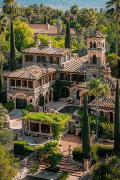 an aerial view of a mansion surrounded by palm trees