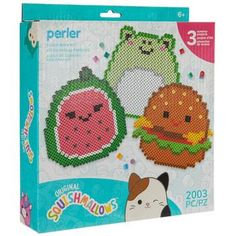 the perler cross stitch kit includes an animal, hamburger and cat