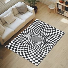 a black and white checkered rug in the middle of a living room