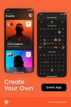 two smartphones with the text create your own event app on each one and an orange background