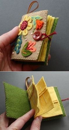 two pictures showing the inside of a small book with buttons and flowers on it, one is made out of felt