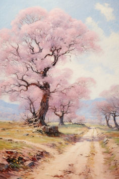 a painting of a dirt road with pink trees