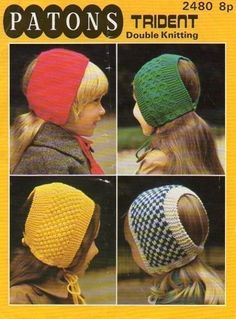 the knitting pattern for hats is shown in four different colors