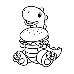 a cartoon dinosaur eating a hamburger