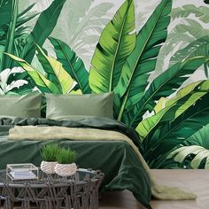 Rainforest Wallpaper Mural. Botanical Jungle Wallpaper, Forest Greenery Wall Mural. Banana Tree Leafy Wallpaper. Tropical Wall Decor. #6788 Evergreen Botanical Background Pattern Wall Mural. Tropical Palm Tree Leaves to comfort your surroundings. Simply peel and stick. No glue or chemicals needed for application. Wall Murals are printed on premium vinyl.  StickerBrand Wall Murals are removable and re-positionable. Comes in 24in sections for easier application. Stickerbrand Wall Murals can be app Rainforest Bedroom Wallpaper, Tropical Wallpaper Bedroom Wall Stickers, Rain Forest Inspired Bedroom, Wall Decal Branches, Tree Leaf Wallpaper, Rainforest Wallpaper, Leaf Wall Mural, Yin Yang Wall, Jungle Background