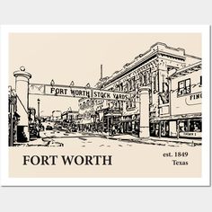 a drawing of fort worth, texas with the words fort worth in black and white