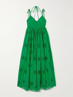 Erdem's maxi dress is made from a vibrant green cotton-blend featuring lace trims that create a romantic touch and breathable feel through the floaty skirt. It has a smooth, fitted bust and with three sets of tie-fastenings straps to adjust the fit. Swimsuit Jewelry, Green Lace Dresses, Guipure Lace, Lace Trims, Swimsuit Dress, Cotton Maxi, Silk Maxi Dress, Maxi Dress Green, Guilty Pleasures