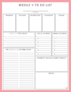 the printable weekly planner is shown on a pink background