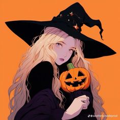 a woman with blonde hair wearing a witches hat and holding a jack - o'- lantern