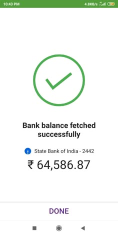 bank balance fetched successfully on the mobile phone, with an arrow pointing to it