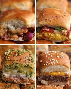 four different pictures of sandwiches with cheese and meat