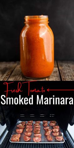 there is a jar of food cooking in an oven with the words fresh tomato and smoked marinara on it