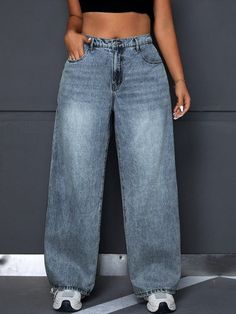 Plus Size Casual Washed Loose Straight Leg Jeans Medium Wash    Denim Plain Straight Leg Non-Stretch  Women Plus Clothing, size features are:Bust: ,Length: ,Sleeve Length: Faded Jeans, Elegant Dresses Long, Dark Jeans, Boho Women, Inspiration Mode, Kids Beachwear, Plus Size Casual, Wide Leg Jeans, All Fashion