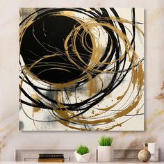 an abstract painting with gold and black circles on white background canvas wall art print, ready to hang