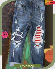 Blue Vintage Graphic Jeans Casual Bottoms For 4th Of July, Casual High-rise Bottoms For 4th Of July, Casual High Rise Bottoms For 4th Of July, High Waist Blue Bottoms For 4th Of July, Graphic Jeans, Diy Ripped Jeans, Jean Ideas, Designer Jeans For Women, Graphic Pant