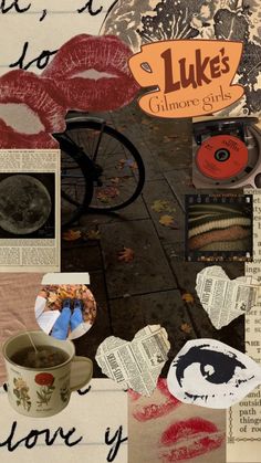 collage of various images with words and pictures on them, including an image of a coffee cup