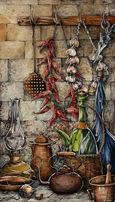 a painting of pots and pans hanging on a brick wall